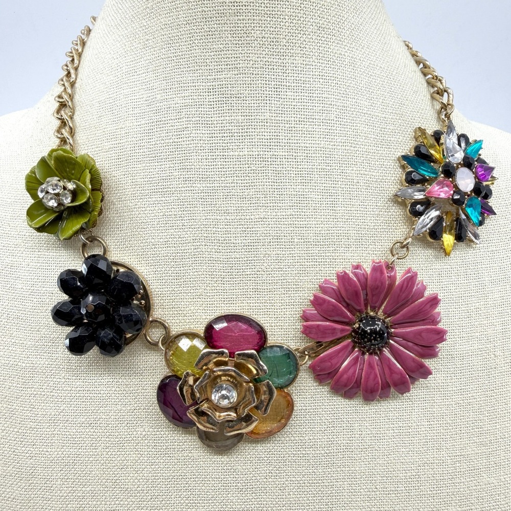 Statement Floral Necklace Multi-Color Rhinestone Enamel Boho Festival Bold Gift